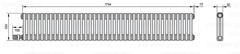 Схема (чертеж) Радиатор Zehnder Charleston 2035/39 №V004 Белый глянцевый RAL 9016